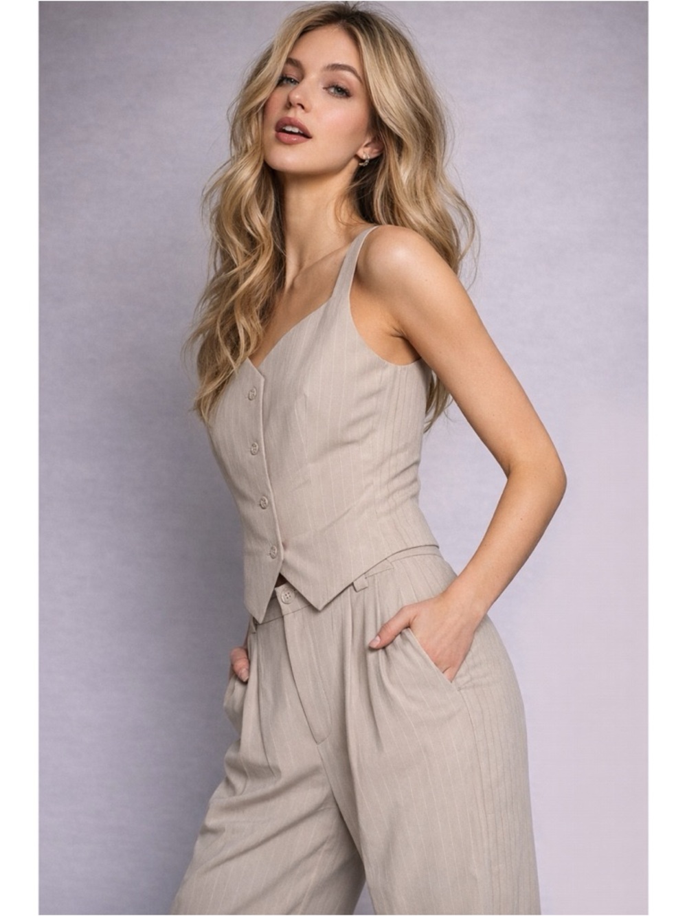 NWT Tailored Beige Pinstripe Women's Vest & Wide-Leg Pants Set